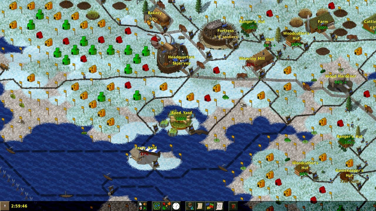 A coastal town built on white icy land in Widelands.